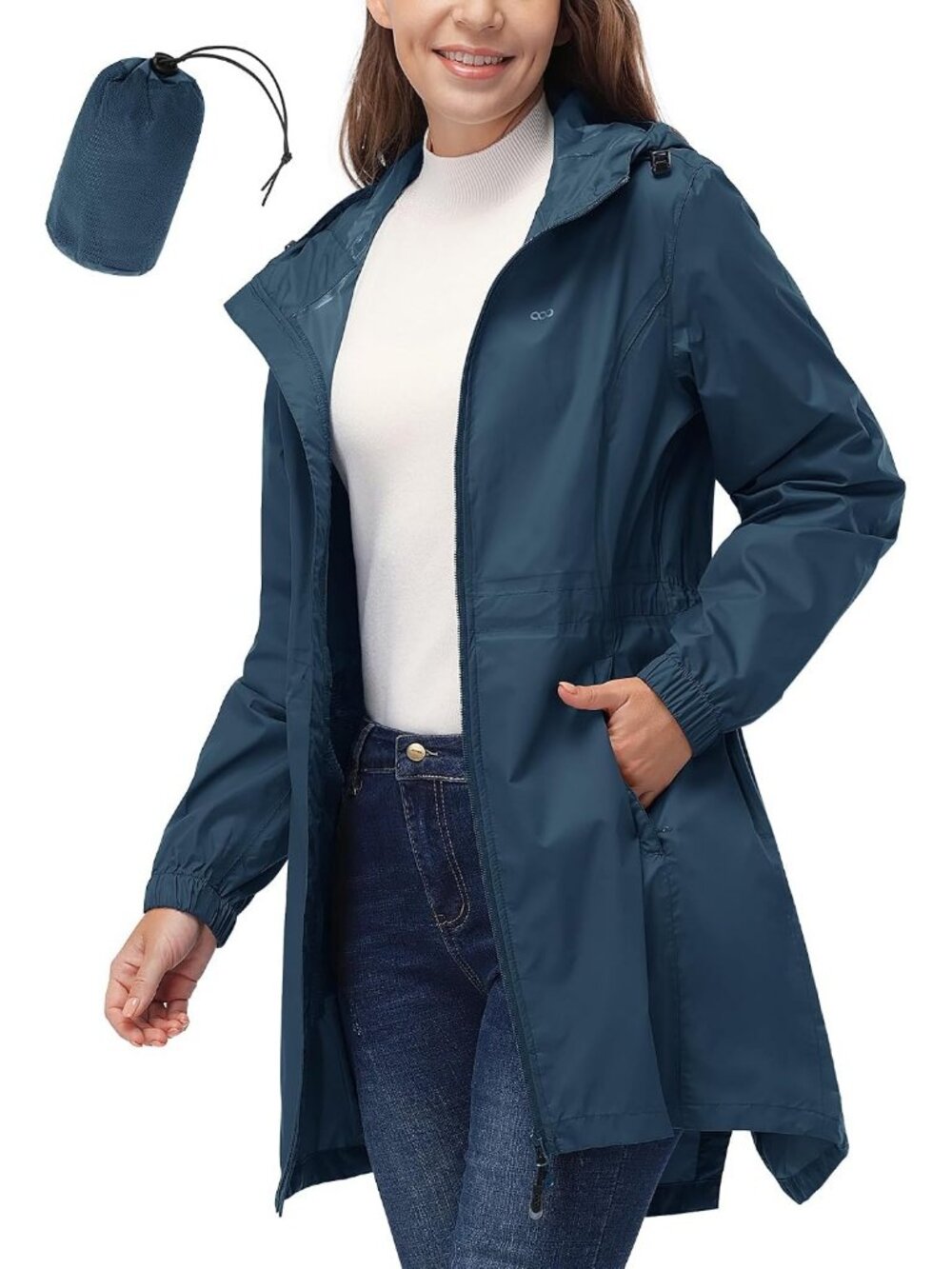 Women's Dark Blue Waterproof Long Coat Packable Breathable Rain Jacket with Hood